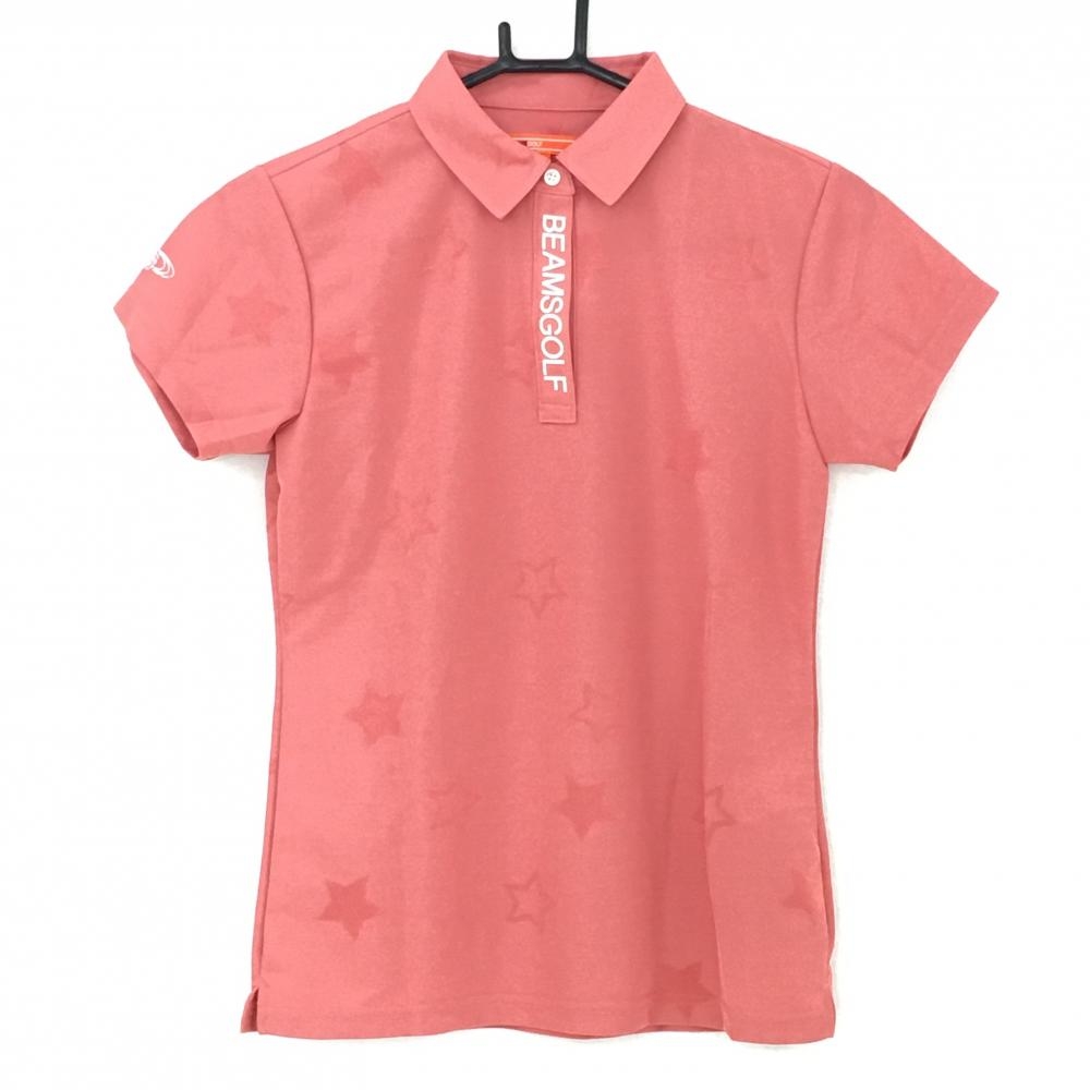 【超美品】ビームスゴルフ 半袖ポロシャツ ピンク 星柄織生地 ロゴプリント  レディース S ゴルフウェア BEAMS GOLF