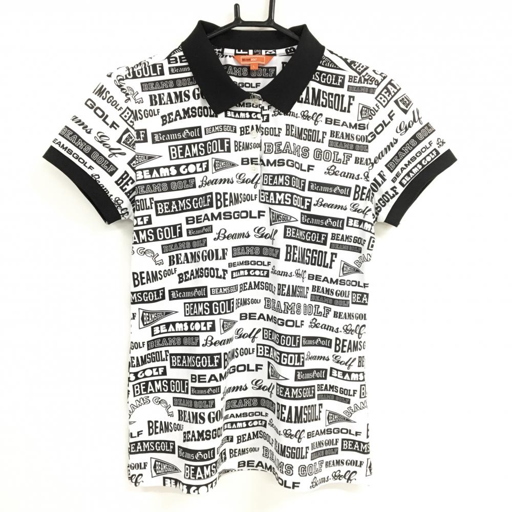 【美品】ビームスゴルフ 半袖ポロシャツ 白×黒 ロゴ総柄 レディース L ゴルフウェア BEAMS GOLF