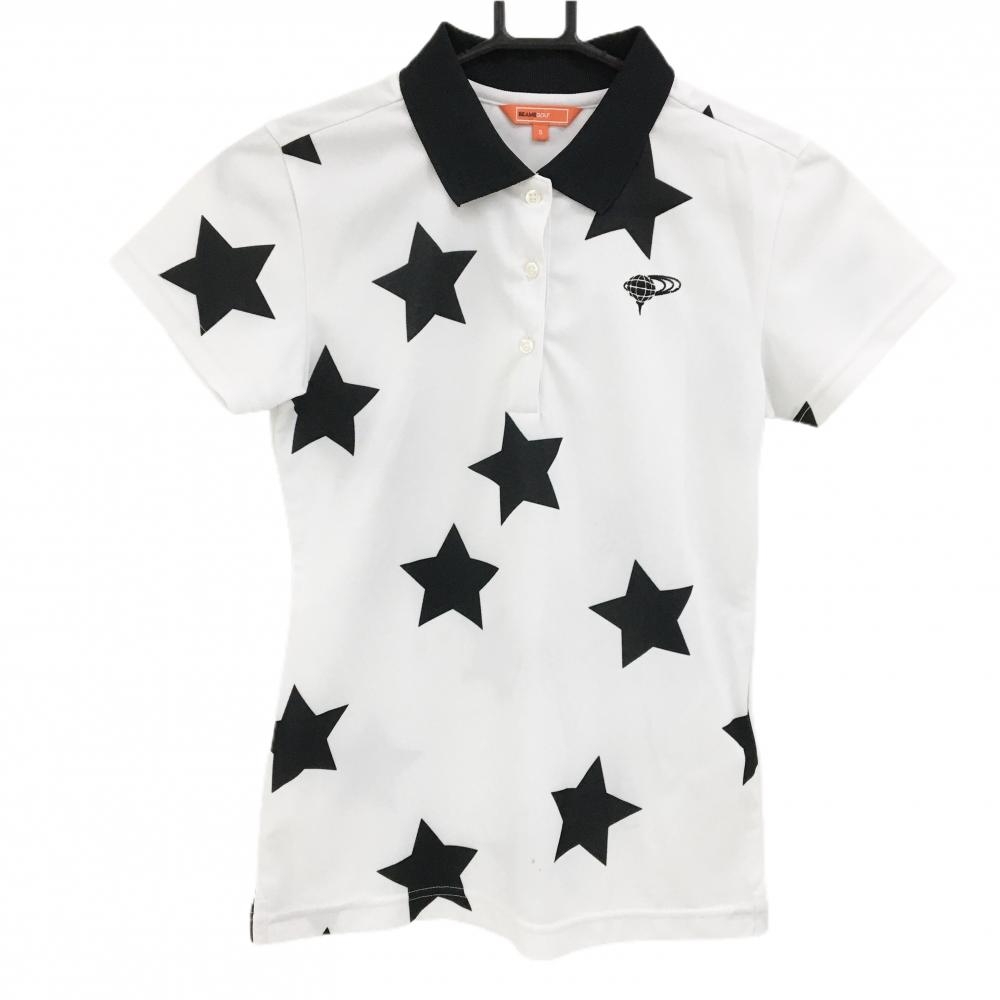 ビームスゴルフ 半袖ポロシャツ 白×黒 星柄 スター レディース S ゴルフウェア BEAMS GOLF