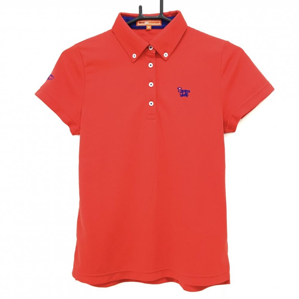 【美品】ビームスゴルフ 半袖ポロシャツ オレンジレッド ロゴ刺しゅう ボタンダウン レディース M ゴルフウェア BEAMS GOLF