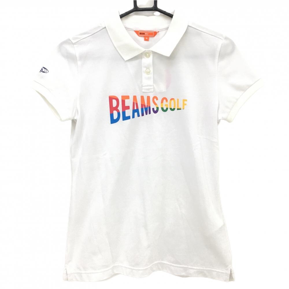 【新品】ビームスゴルフ 半袖ポロシャツ 白×マルチカラー ストレッチ カラフルロゴ レディース M ゴルフウェア BEAMS GOLF