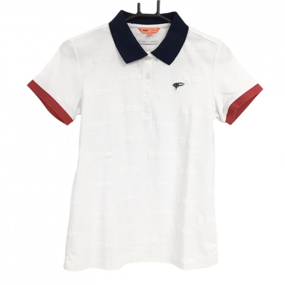 【美品】ビームスゴルフ 半袖ポロシャツ 白×ネイビー パイルロゴ総柄 レディース L ゴルフウェア BEAMS GOLF