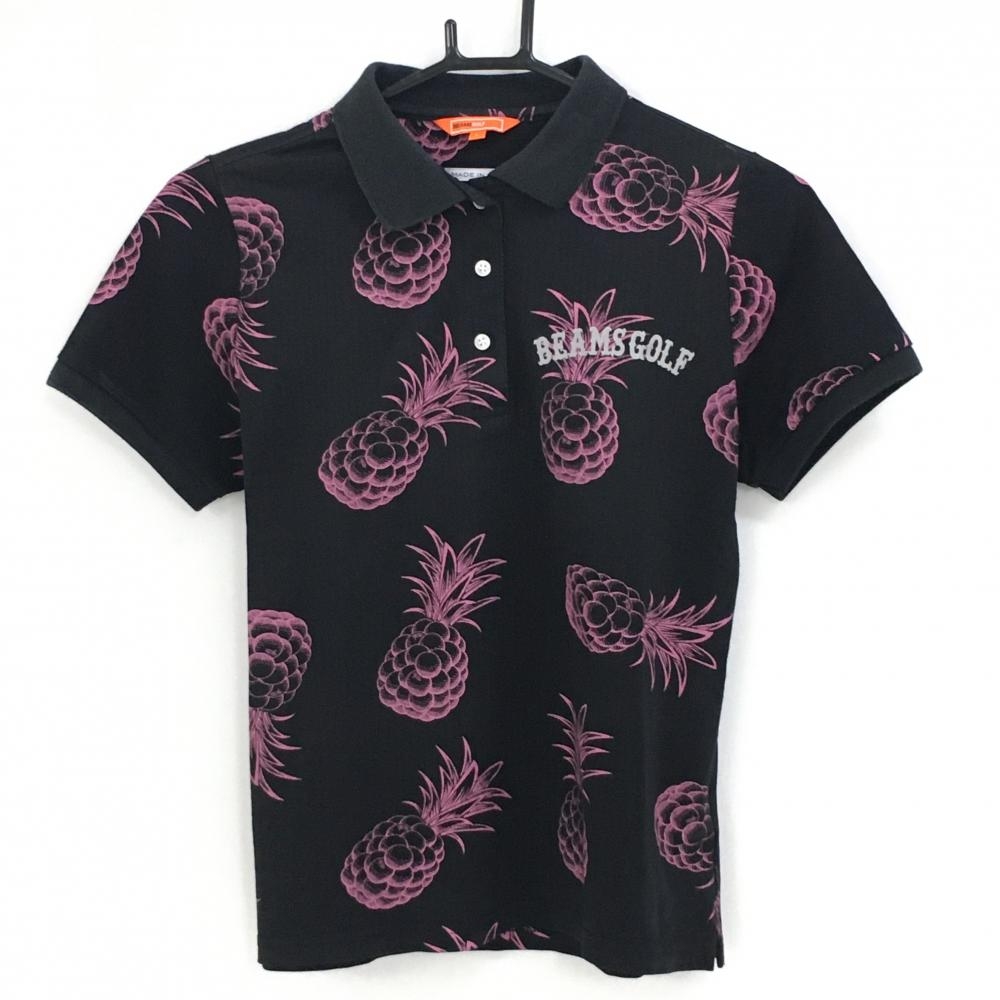 ビームスゴルフ 半袖ポロシャツ 黒×ピンク パイナップル柄 レディース L ゴルフウェア BEAMS GOLF