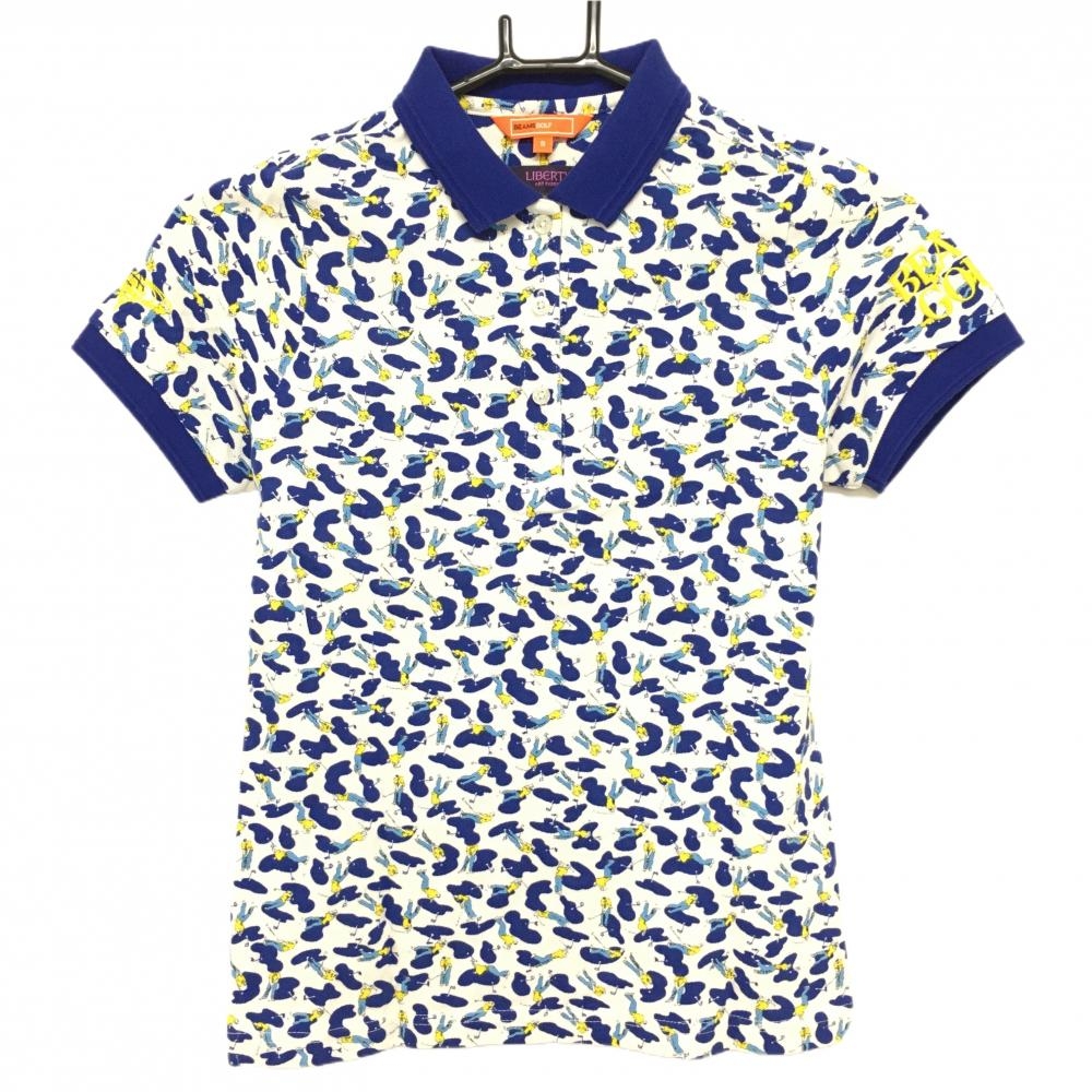 ビームスゴルフ×LIBERTY 半袖ポロシャツ 白×ブルー ゴルファー総柄 レディース S ゴルフウェア BEAMS GOLF