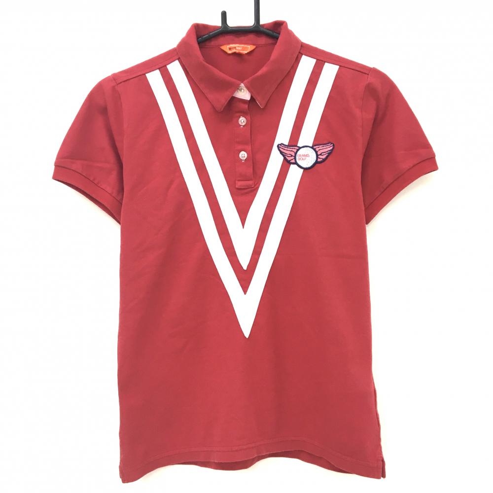 ビームスゴルフ 半袖ポロシャツ レッド×ピンク フロントVライン ワッペン  レディース M ゴルフウェア BEAMS GOLF