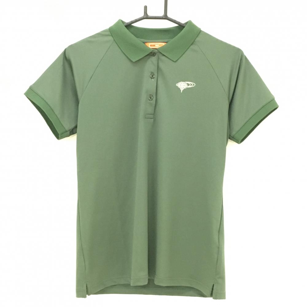 【超美品】ビームスゴルフ 半袖ポロシャツ ダークグリーン×黒 肩ロゴライン 胸元プリント レディース  ゴルフウェア BEAMS GOLF