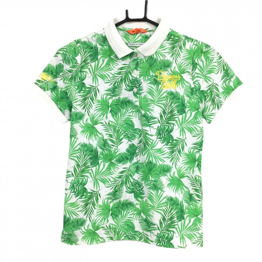 【美品】ビームスゴルフ 半袖ポロシャツ 白×ライトグリーン リーフ柄  レディース M ゴルフウェア BEAMS GOLF