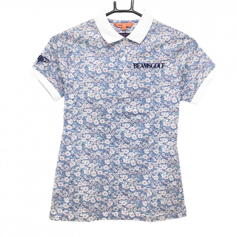 【美品】ビームスゴルフ×LIBERTY 半袖ポロシャツ ライトブルー×白 花柄 レディース S ゴルフウェア BEAMS GOLF