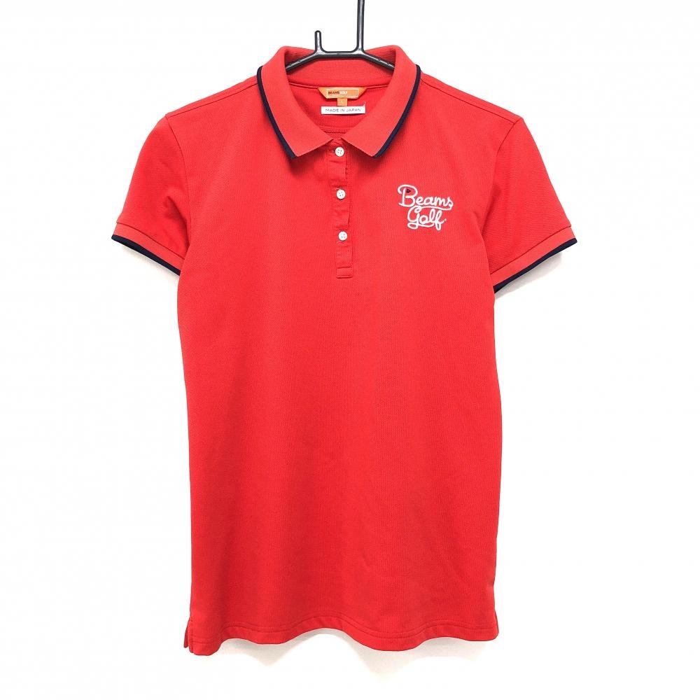 【美品】ビームスゴルフ 半袖ポロシャツ レッド 襟・袖口ライン ロゴ刺しゅう 日本製  レディース L ゴルフウェア BEAMS GOLF
