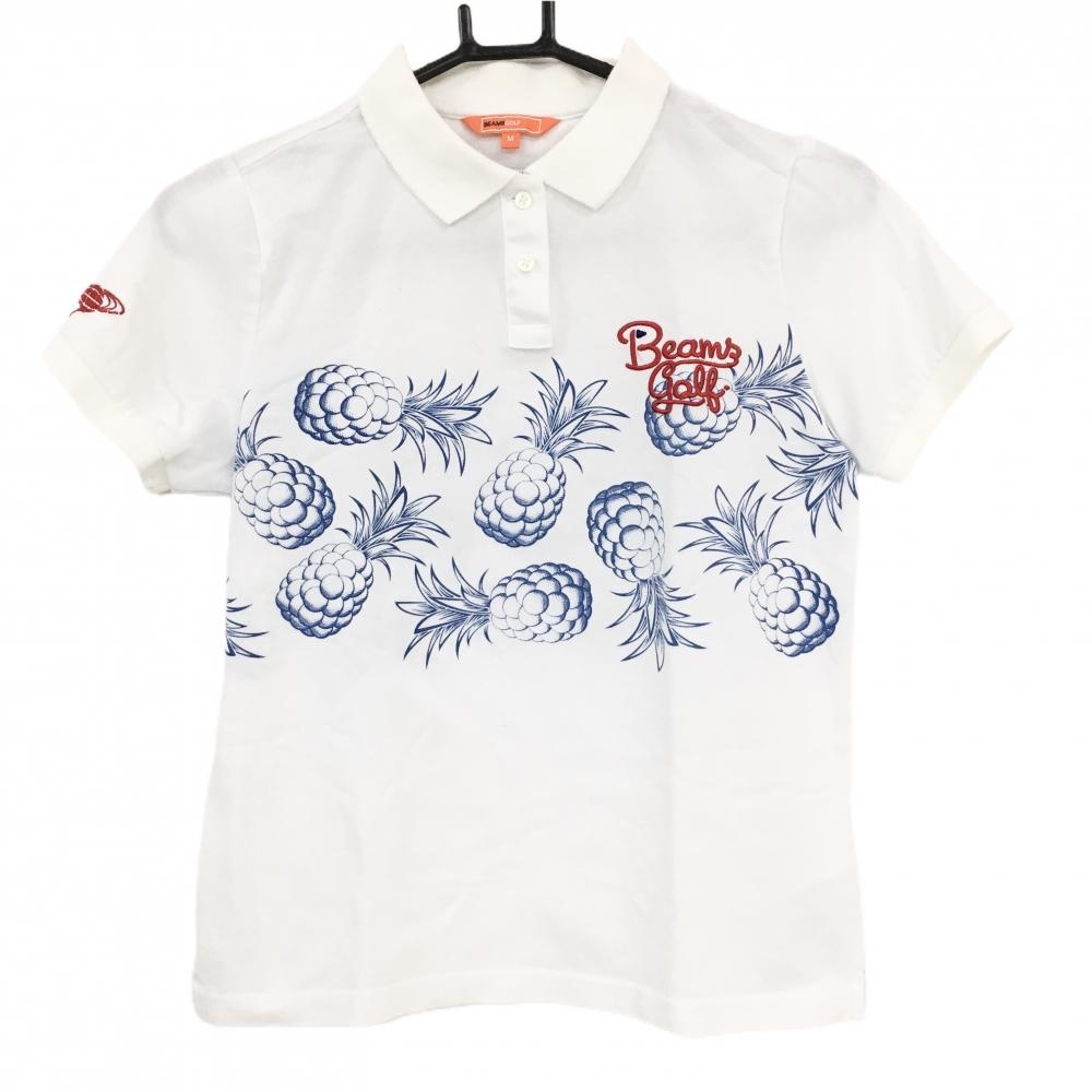 【美品】ビームスゴルフ 半袖ポロシャツ 白×ブルー パイナップル柄 袖ロゴ レディース M ゴルフウェア BEAMS GOLF