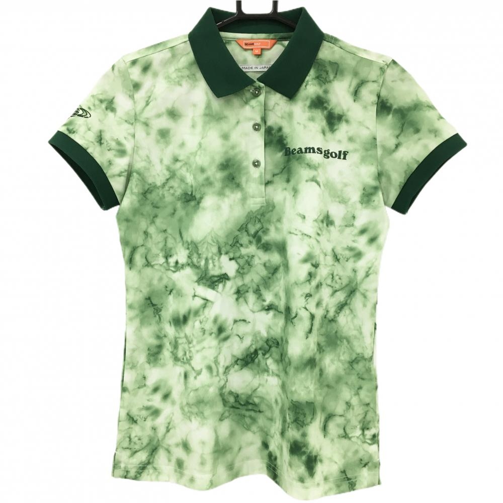【美品】ビームスゴルフ 半袖ポロシャツ グリーン×白 タイダイ柄 ロゴプリント レディース M ゴルフウェア BEAMS GOLF