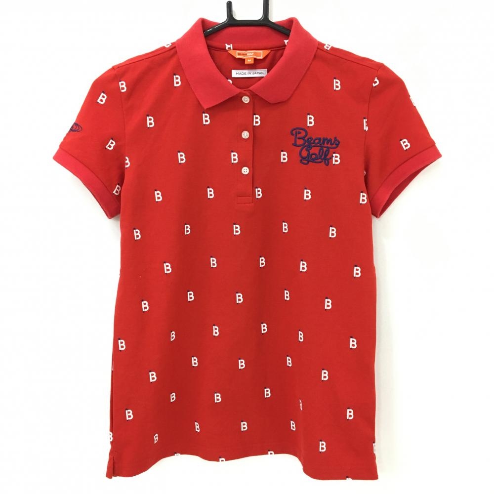 【美品】ビームスゴルフ 半袖ポロシャツ レッド×白 ロゴ総柄 ロゴ刺しゅう レディース M ゴルフウェア BEAMS GOLF