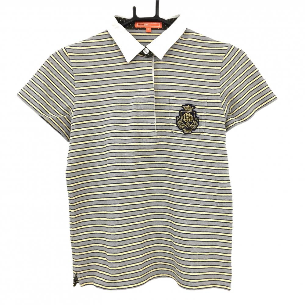 【美品】ビームスゴルフ 半袖ポロシャツ ライトグレー×イエロー ボーダー ワッペン レディース M ゴルフウェア BEAMS GOLF