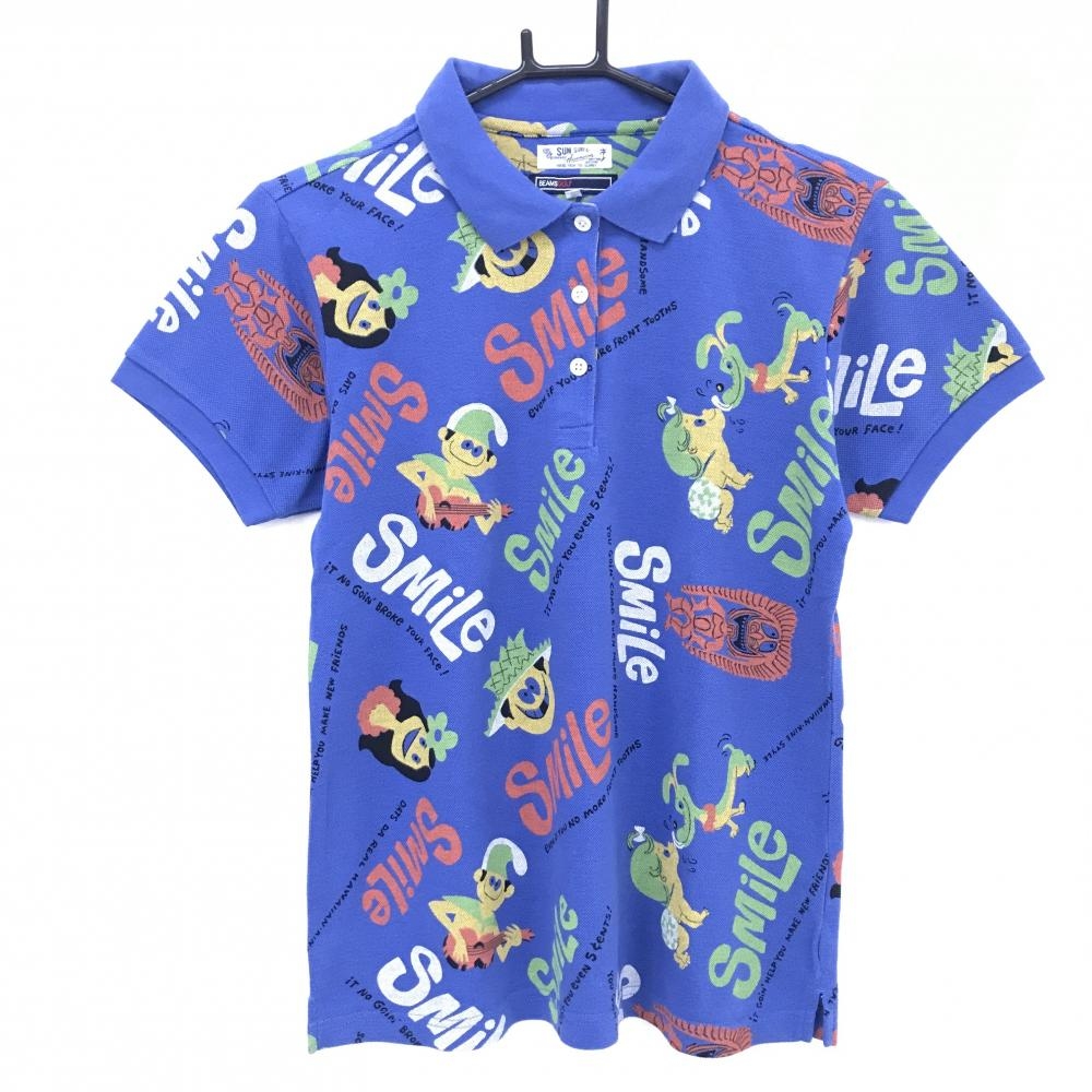 ビームスゴルフ×SUNSURF 半袖ポロシャツ ブルー×マルチカラー 総柄  レディース M ゴルフウェア BEAMS GOLF