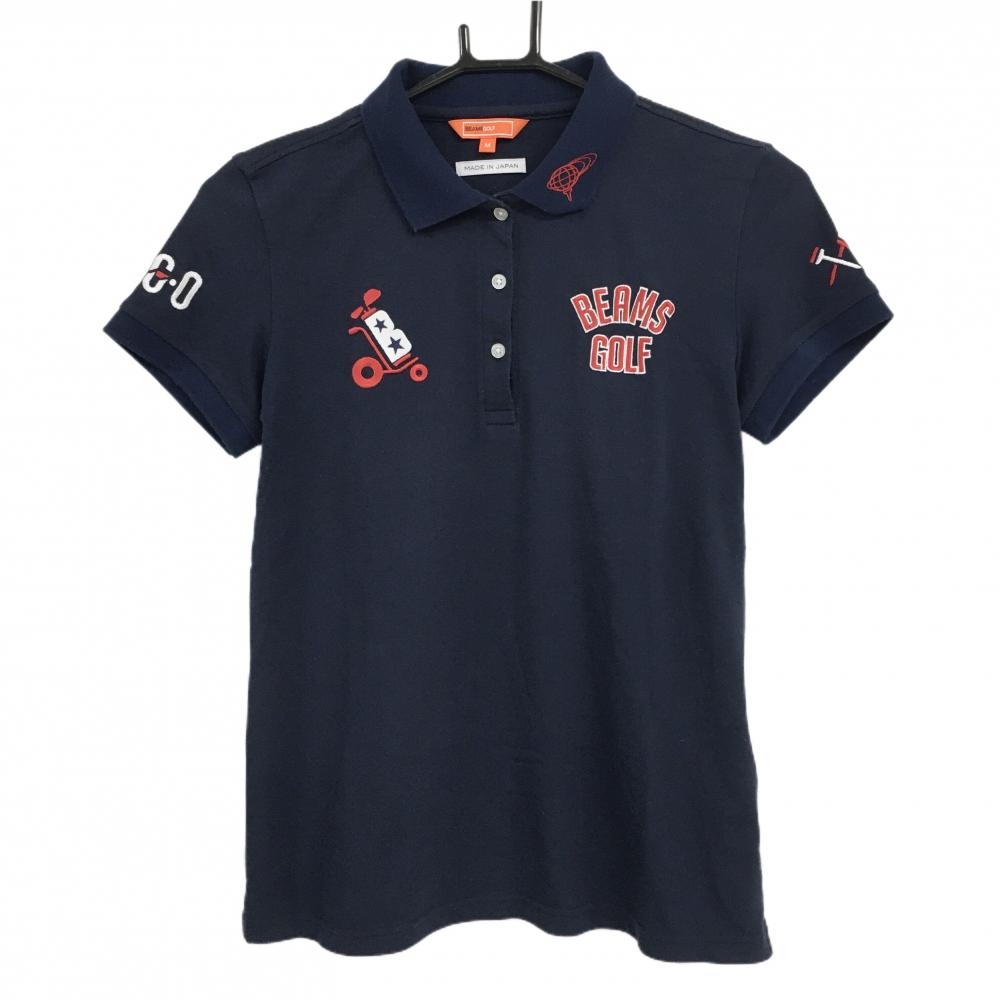 ビームスゴルフ 半袖ポロシャツ ネイビー×レッド 襟ロゴ カート刺しゅう  レディース M ゴルフウェア BEAMS GOLF