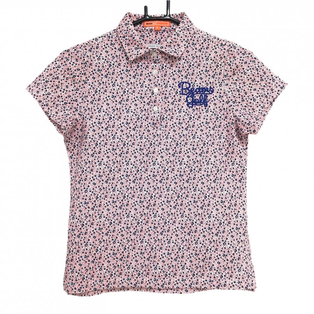 【超美品】ビームスゴルフ 半袖ポロシャツ 白×レッド×ネイビー 花柄 ロゴ刺しゅう レディース M ゴルフウェア BEAMS GOLF