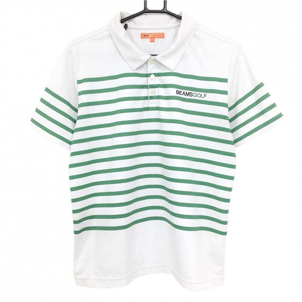 ビームスゴルフ 半袖ポロシャツ 白×グリーン ボーダー レディース L ゴルフウェア BEAMS GOLF
