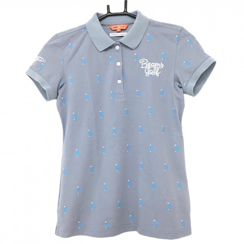 ビームスゴルフ 半袖ポロシャツ グレー×ブルー 総柄 ロゴ刺しゅう  レディース S ゴルフウェア BEAMS GOLF