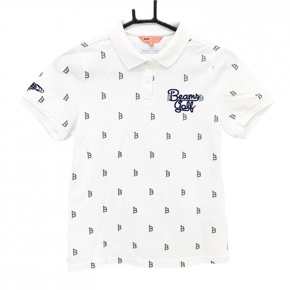 ビームスゴルフ 半袖ポロシャツ 白×グリーン ロゴ総柄 胸ロゴ刺しゅう レディース M ゴルフウェア BEAMS GOLF
