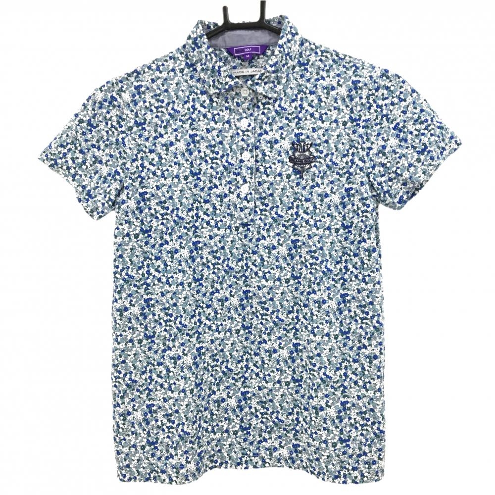 【超美品】ビームスゴルフ 半袖ポロシャツ ブルー×白 小花総柄 レディース M ゴルフウェア BEAMS GOLF