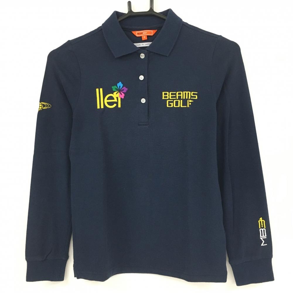 ビームスゴルフ 長袖ポロシャツ ネイビー 花刺しゅう 日本製  レディース S ゴルフウェア BEAMS GOLF