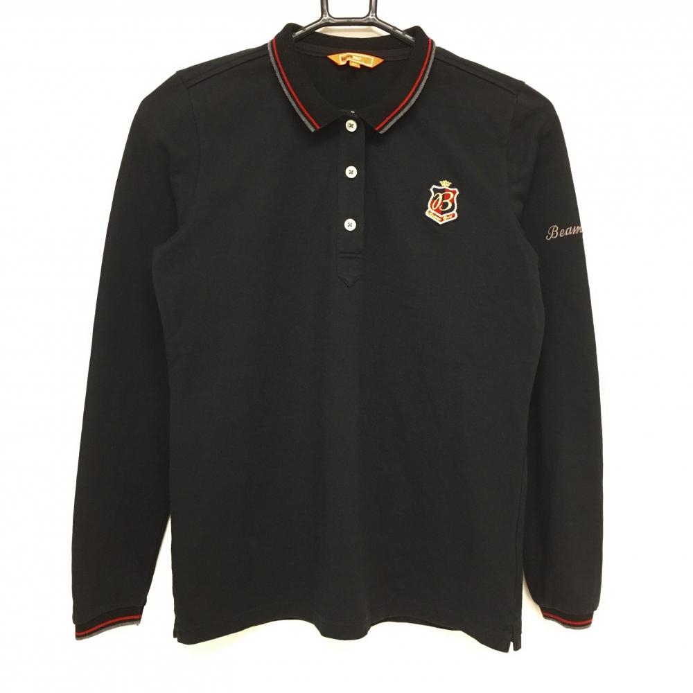 ビームスゴルフ 長袖ポロシャツ 黒×グレー 袖ロゴ刺しゅう ワッペン レディース M ゴルフウェア BEAMS GOLF