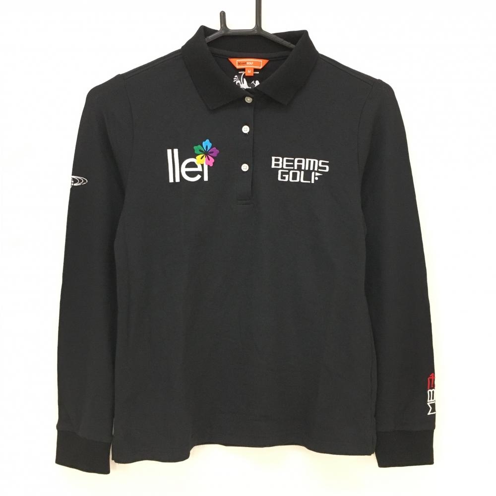 ビームスゴルフ 長袖ポロシャツ 黒×白 ロゴ刺しゅう レディース M ゴルフウェア BEAMS GOLF