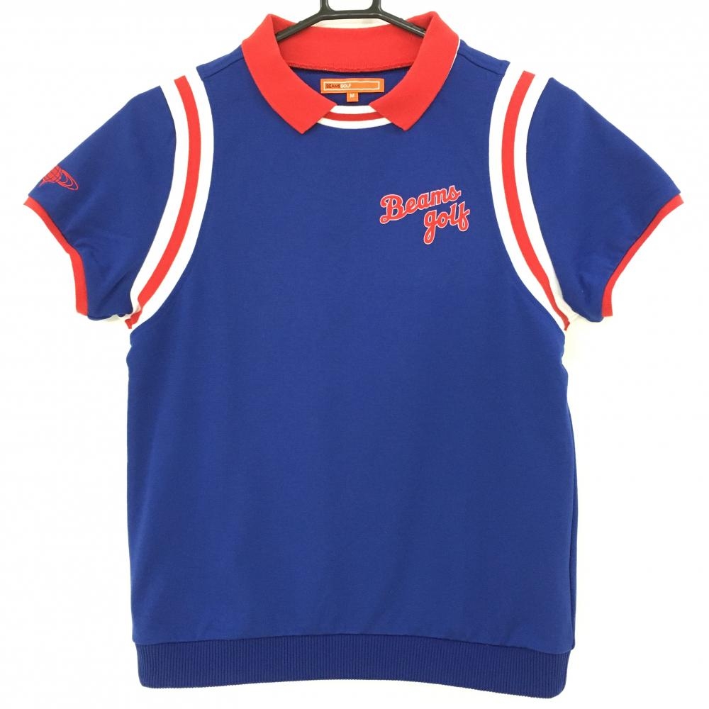 【美品】ビームスゴルフ 襟付き半袖シャツ ブルー×レッド 袖ライン 厚手  レディース M ゴルフウェア BEAMS GOLF