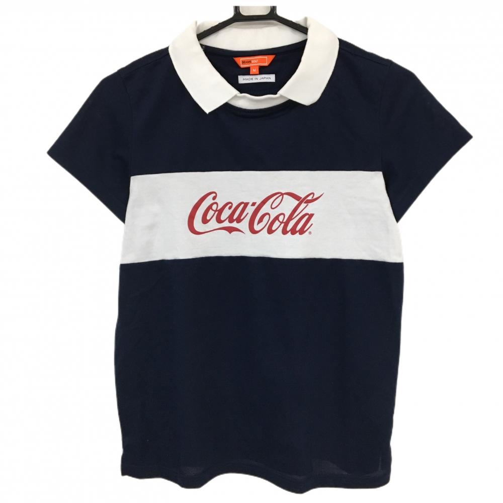 【美品】ビームスゴルフ×Coca-Cola 襟付き半袖シャツ ネイビー×白 後ろロゴ刺しゅう レディース M ゴルフウェア BEAMS GOLF
