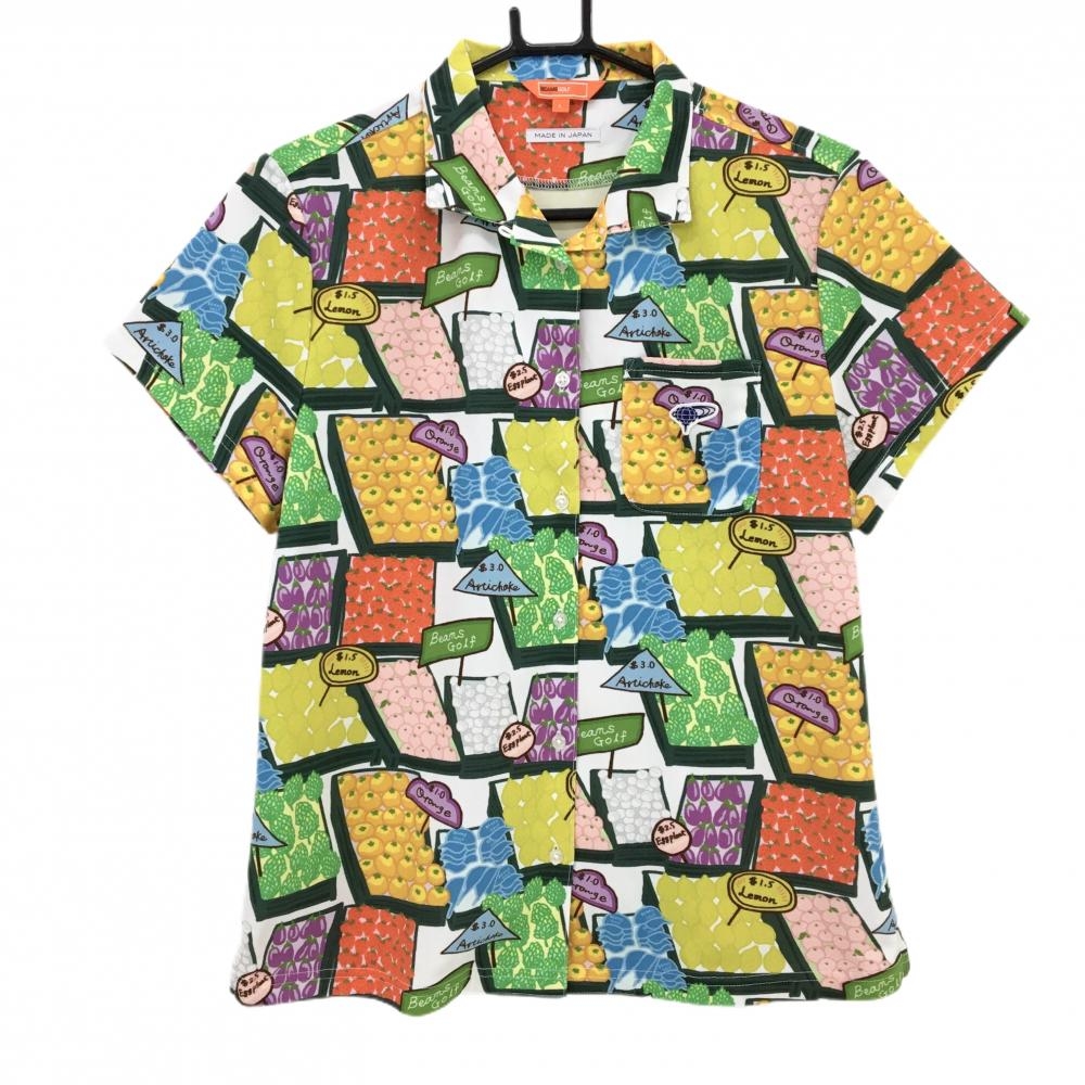 【超美品】ビームスゴルフ 半袖シャツ 白×マルチカラー 野菜・フルーツ総柄 オープンカラー レディース L ゴルフウェア BEAMS GOLF