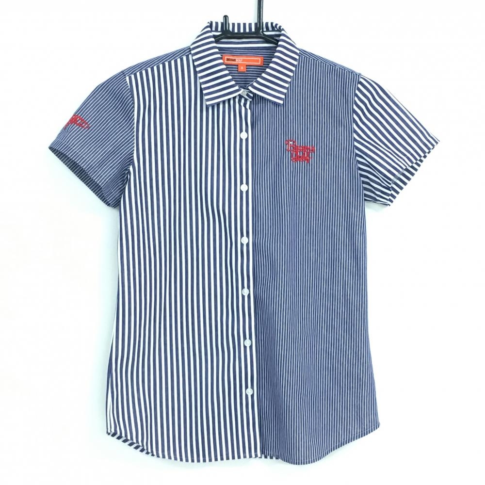 【美品】ビームスゴルフ 半袖シャツ ネイビー×白 ストライプ ロゴレッド レディース S ゴルフウェア BEAMS GOLF