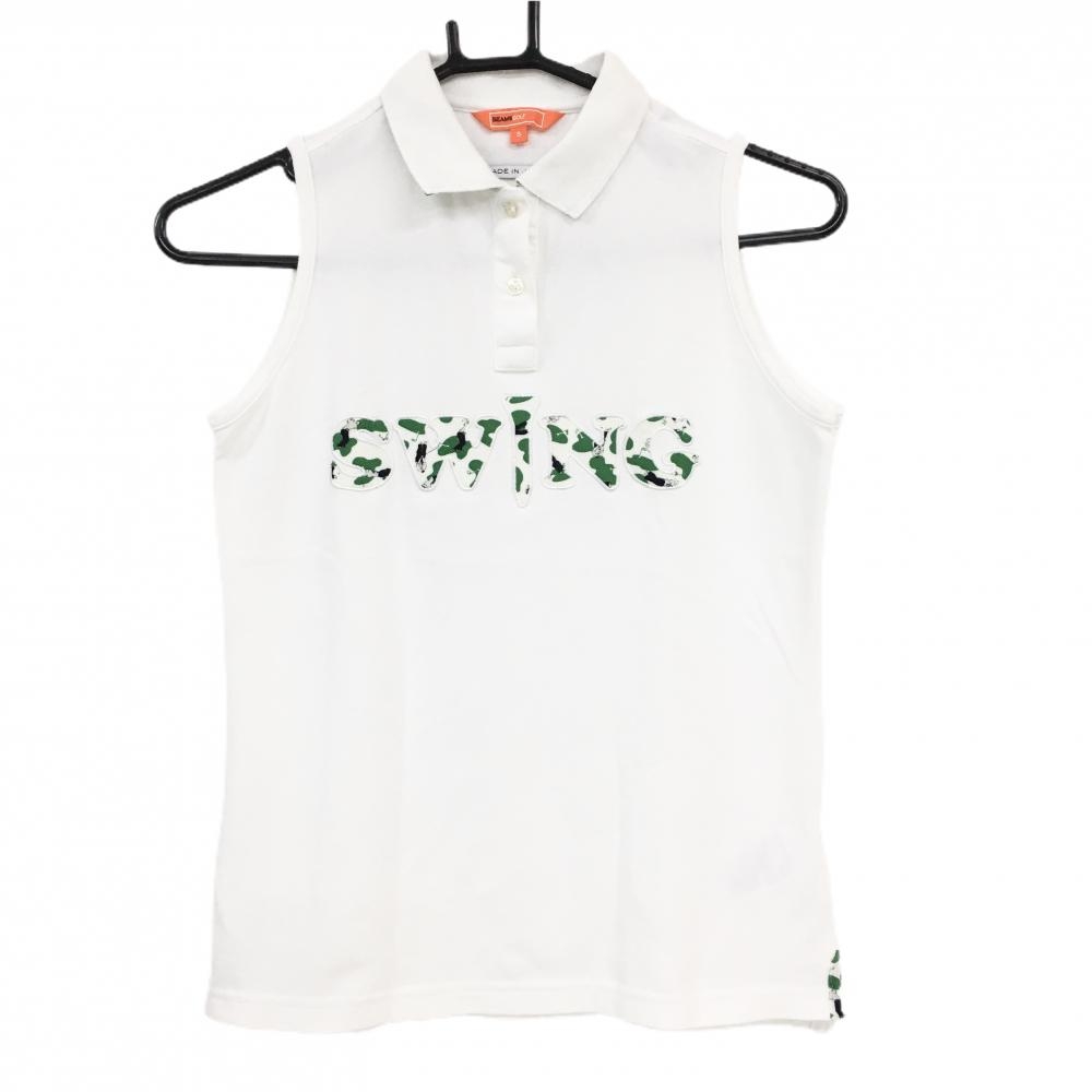 ビームスゴルフ ノースリーブポロシャツ 白×グリーン フロント柄ロゴ 日本製 レディース S ゴルフウェア BEAMS GOLF