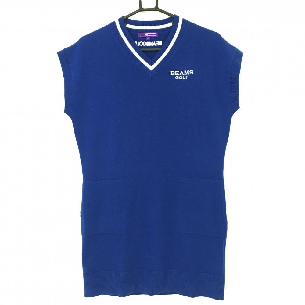 【超美品】ビームスゴルフ ノースリーブニットワンピース ブルー×白 Vネック ウール混 レディース M ゴルフウェア BEAMS GOLF