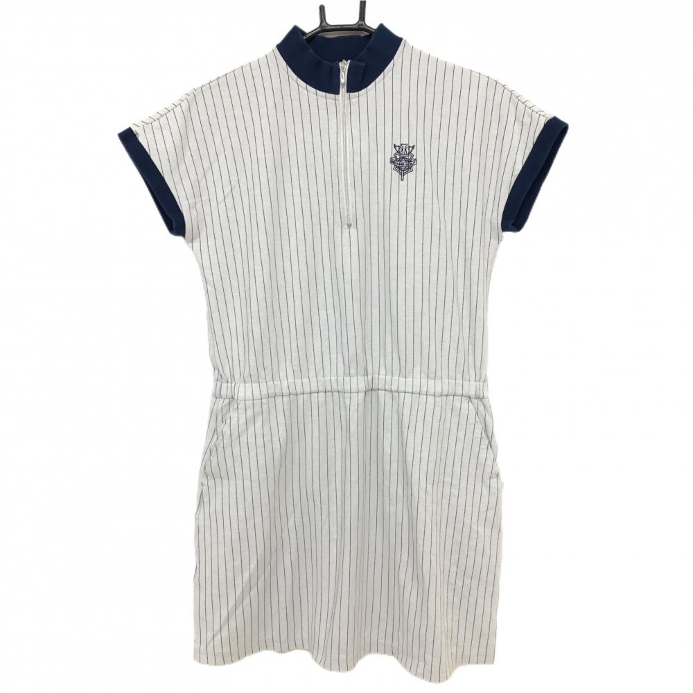 ビームスゴルフ 半袖ワンピース 白×ネイビー ストライプ カットソー ハーフジップ レディース M ゴルフウェア BEAMS GOLF