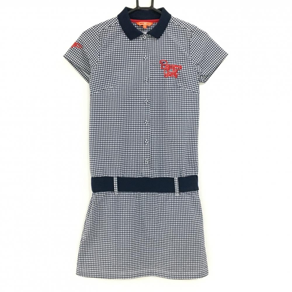 ビームスゴルフ 半袖ポロワンピース ネイビー×白 ギンガムチェック サッカー生地  レディース S ゴルフウェア BEAMS GOLF