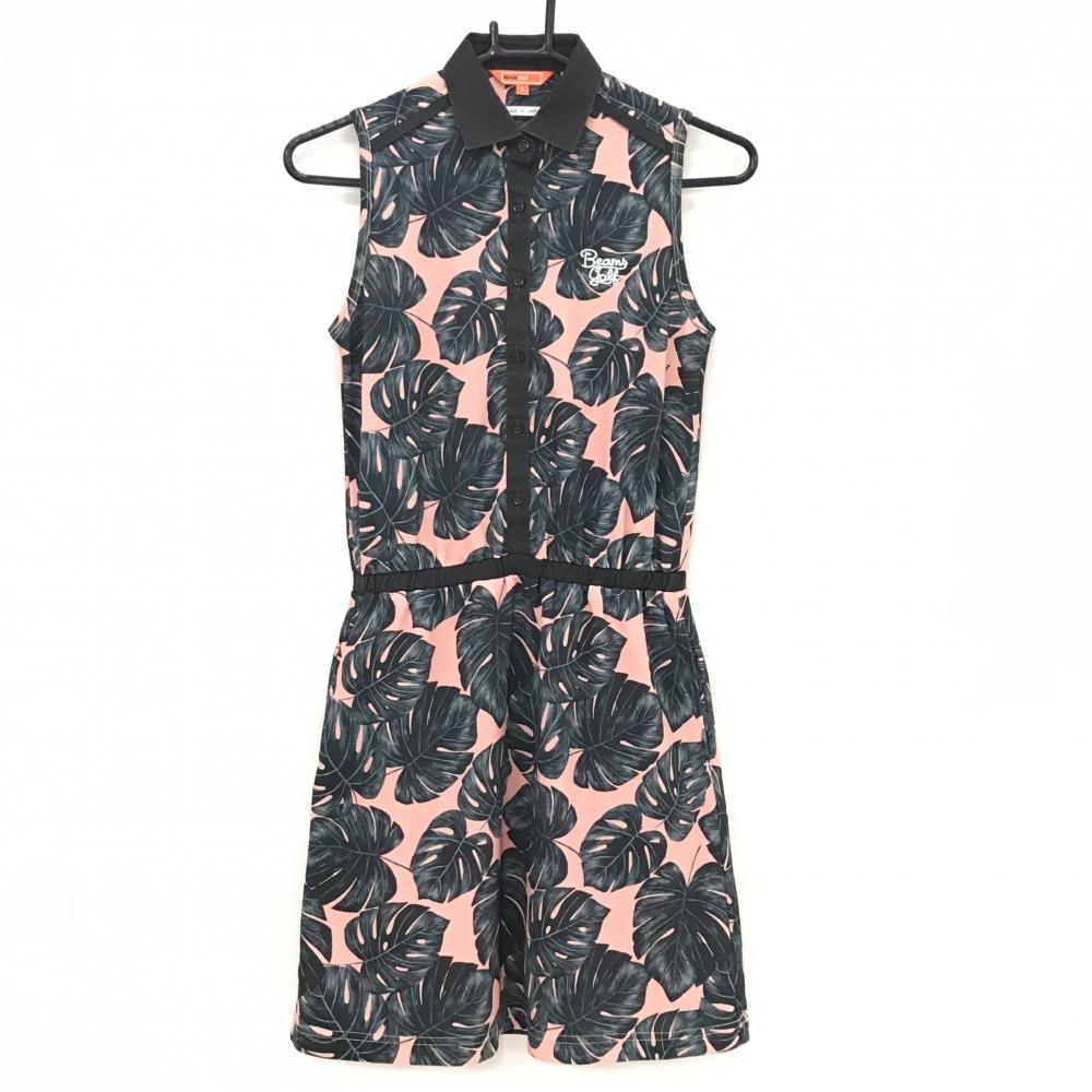 ビームスゴルフ ノースリーブポロワンピース ピンク×ダークグリーン リーフ総柄  レディース S ゴルフウェア BEAMS GOLF