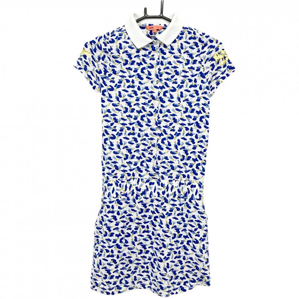 【超美品】ビームスゴルフ 半袖ポロワンピース 白×ブルー ゴルファー総柄 LIBERTY  レディース S ゴルフウェア BEAMS GOLF