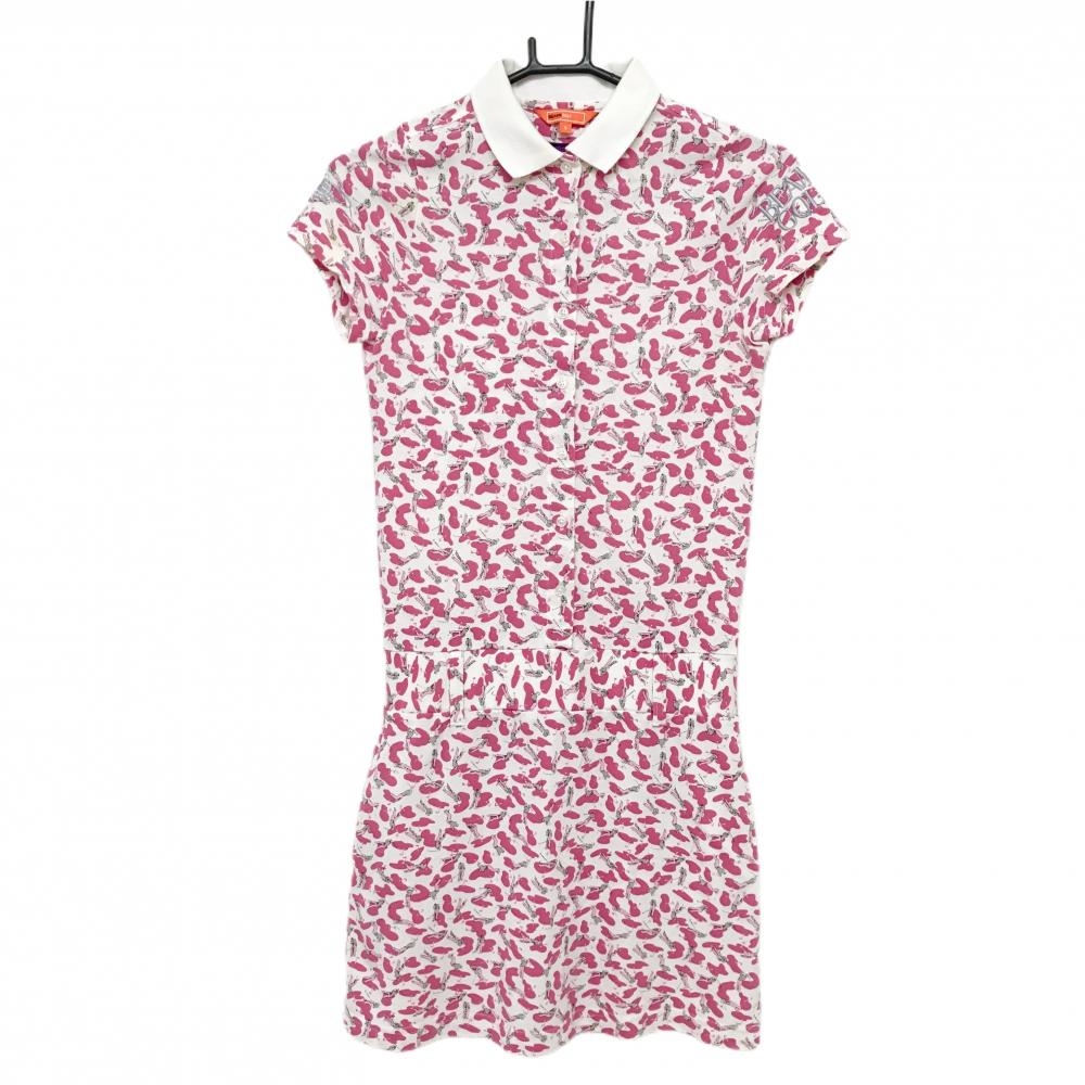 ビームスゴルフ 半袖ポロワンピース 白×ピンク ゴルファー総柄 LIBERTY  レディース S ゴルフウェア BEAMS GOLF