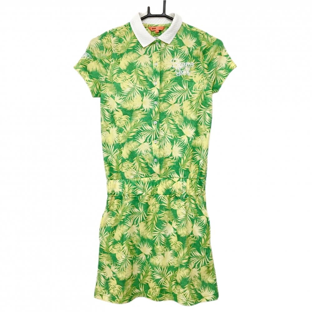 【超美品】ビームスゴルフ 半袖ポロワンピース イエロー×グリーン リーフ総柄 襟ニット  レディース S ゴルフウェア BEAMS GOLF