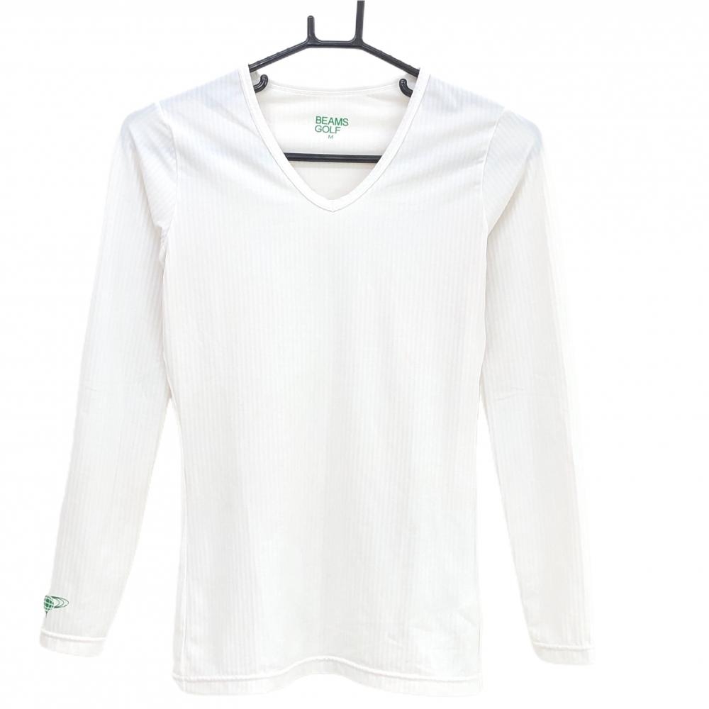 【超美品】ビームスゴルフ インナーシャツ 白 ストライプ地模様 ストレッチ Vネック 袖口ロゴ レディース M ゴルフウェア BEAMS GOLF