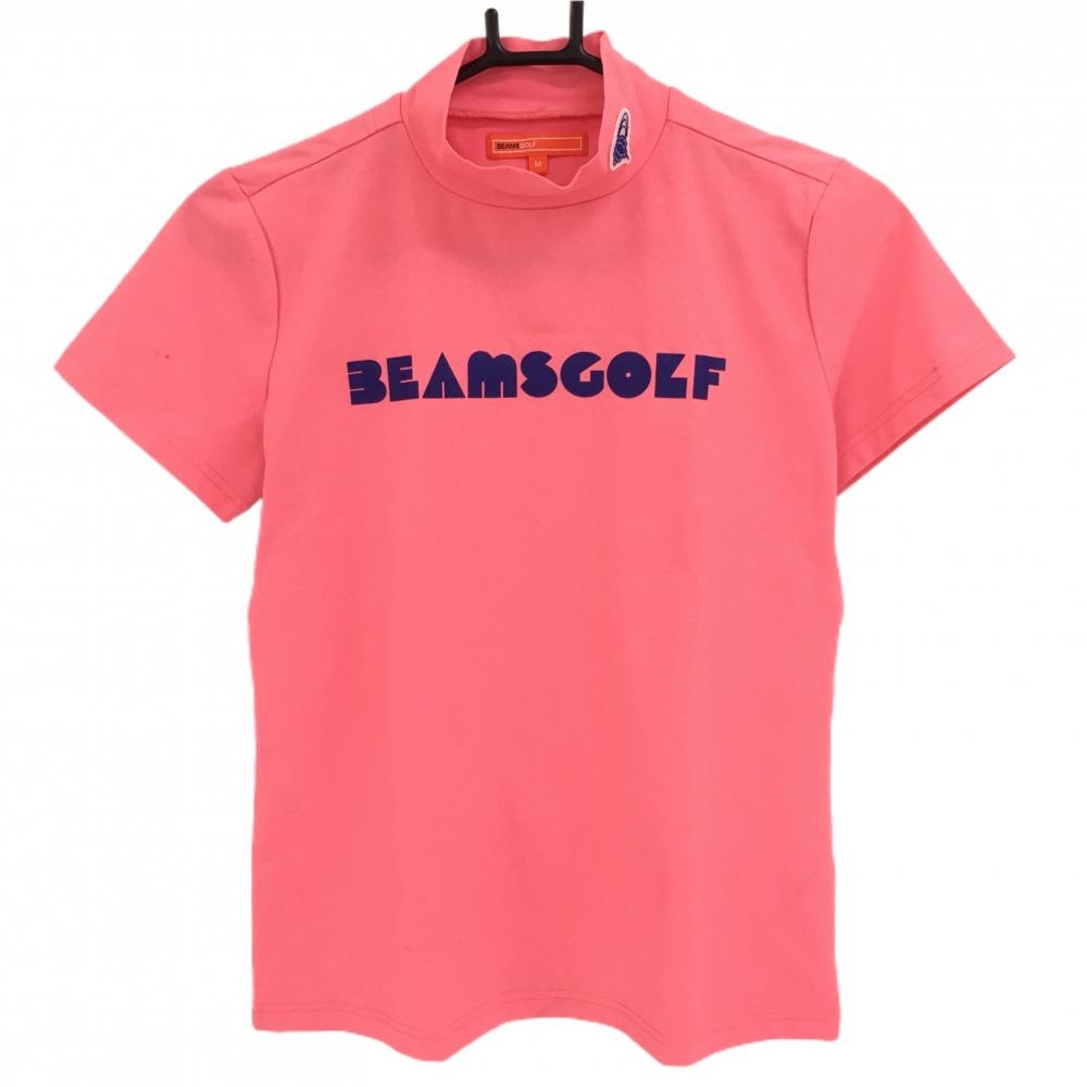 ビームスゴルフ 半袖ハイネックシャツ ピンク×ネイビー ロゴプリント ワッペン レディース M ゴルフウェア BEAMS GOLF