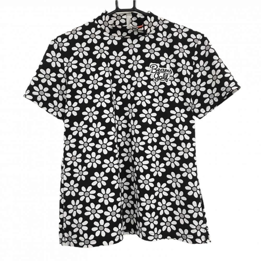 【超美品】ビームスゴルフ 半袖ハイネックシャツ 黒×白 花柄 ロゴワッペン ネックジップ レディース L ゴルフウェア BEAMS GOLF
