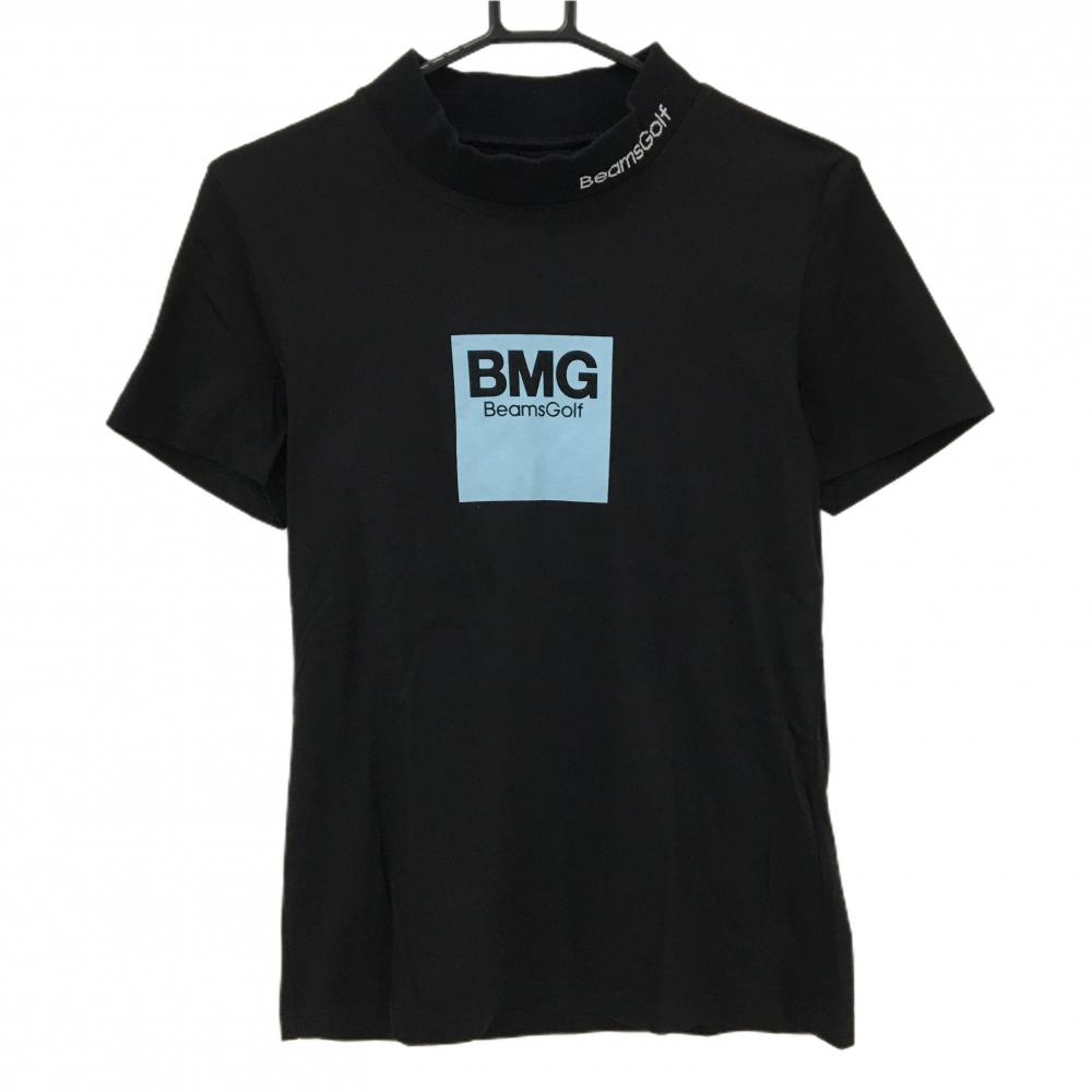 【美品】ビームスゴルフ 半袖ハイネックシャツ 黒×ライトブルー ロゴ 異素材切替 レディース L ゴルフウェア BEAMS GOLF