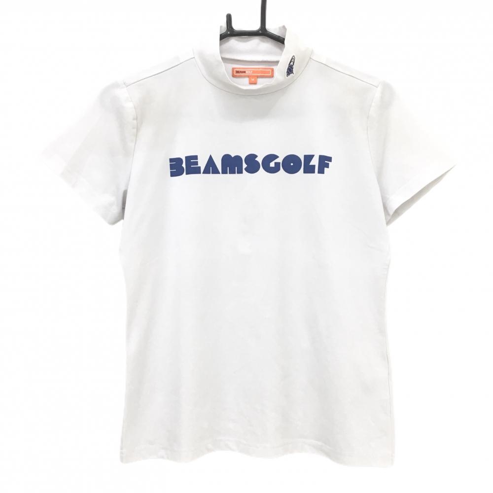 ビームスゴルフ 半袖ハイネックシャツ 白 ロゴブルー ストレッチ レディース M ゴルフウェア BEAMS GOLF
