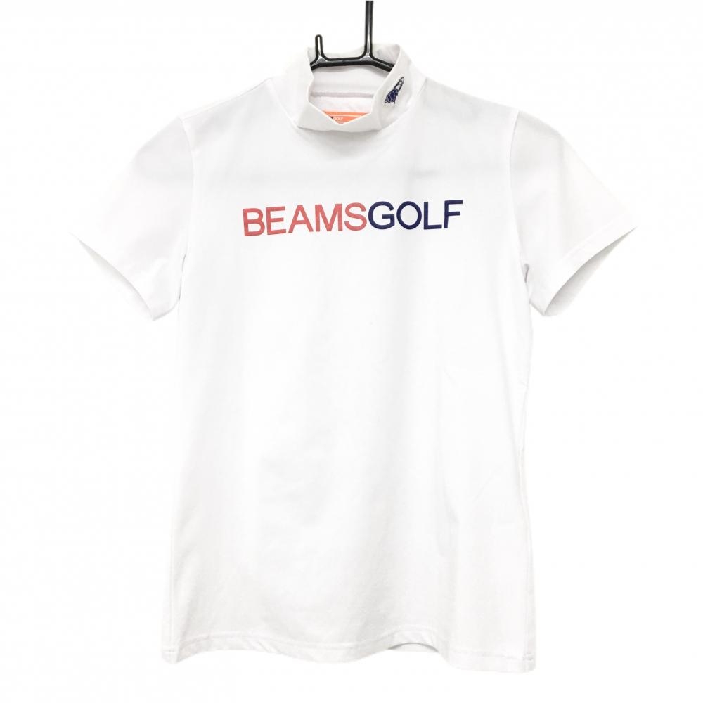 【美品】ビームスゴルフ 半袖ハイネックシャツ 白×レッド フロントロゴ  レディース S ゴルフウェア BEAMS GOLF
