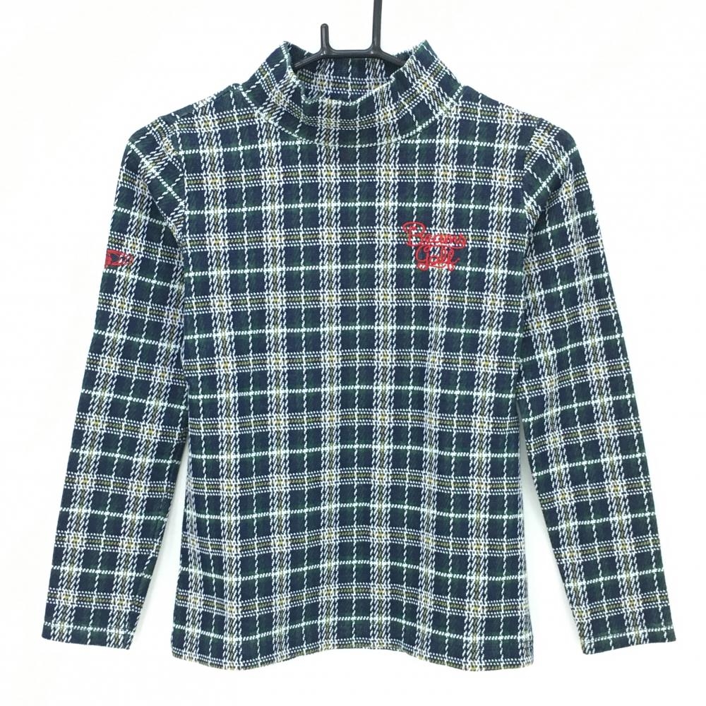 【美品】ビームスゴルフ 長袖ハイネックシャツ ネイビー×グリーン×白 チェック ロゴ刺しゅう レディース S ゴルフウェア BEAMS GOLF