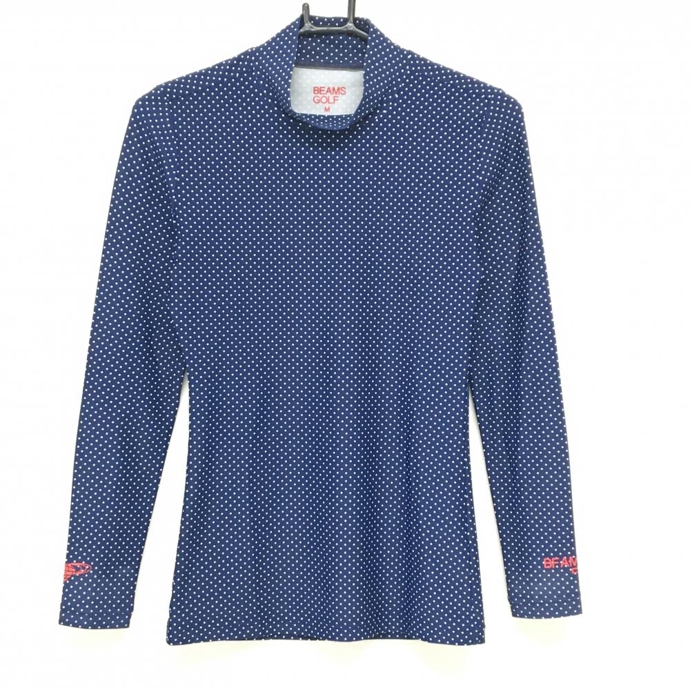 ビームスゴルフ 長袖ハイネックシャツ ネイビー×白 ドット柄 ロゴレッド  レディース M ゴルフウェア BEAMS GOLF