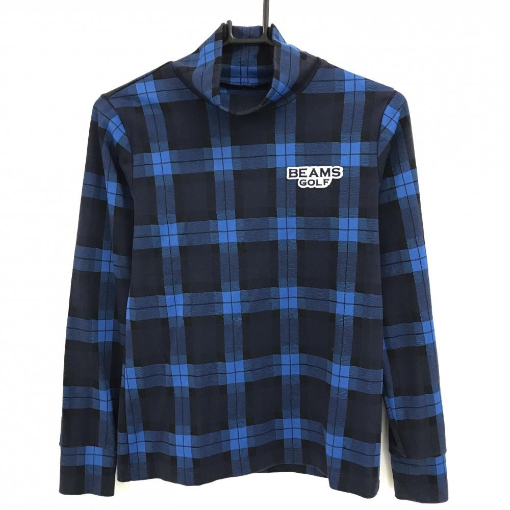 【美品】ビームスゴルフ 長袖ハイネックシャツ ブルー×ネイビー チェック レディース M ゴルフウェア BEAMS GOLF