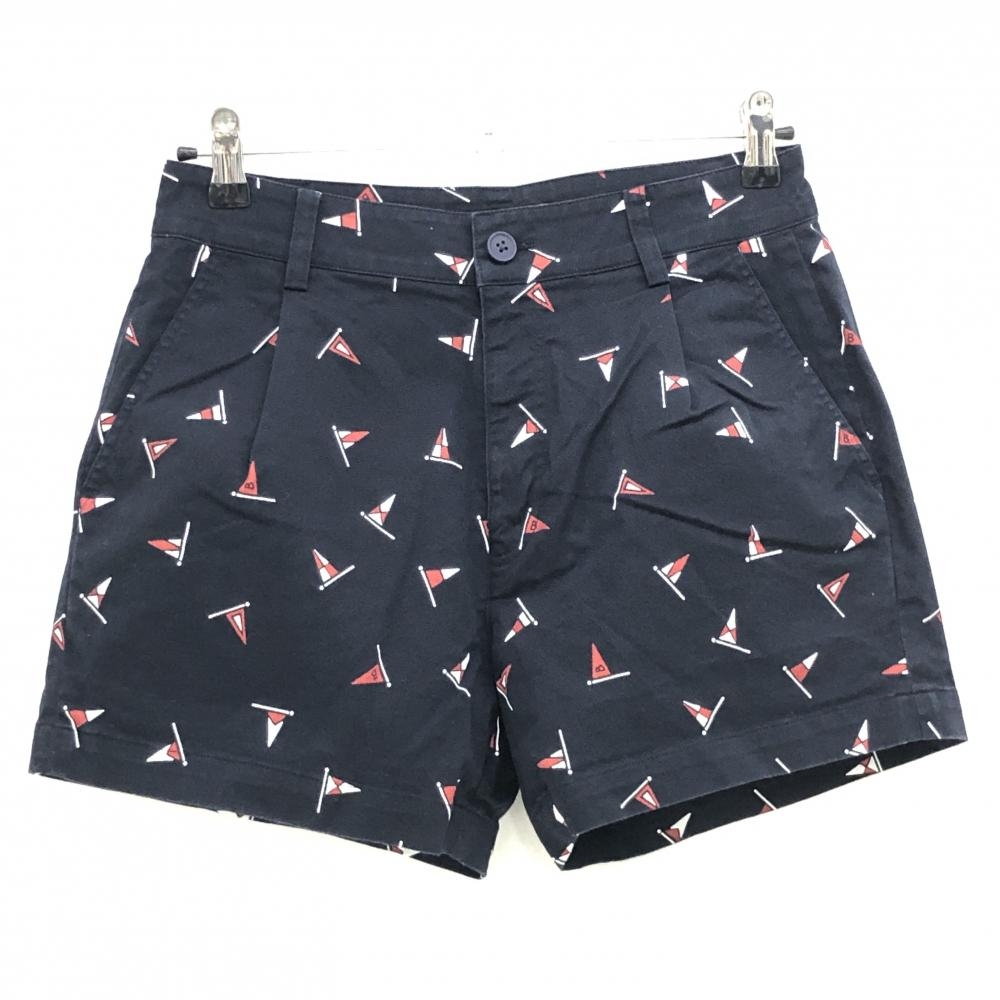 【美品】ビームスゴルフ ショートパンツ ダークネイビー×レッド フラッグ柄 レディース M ゴルフウェア BEAMS GOLF