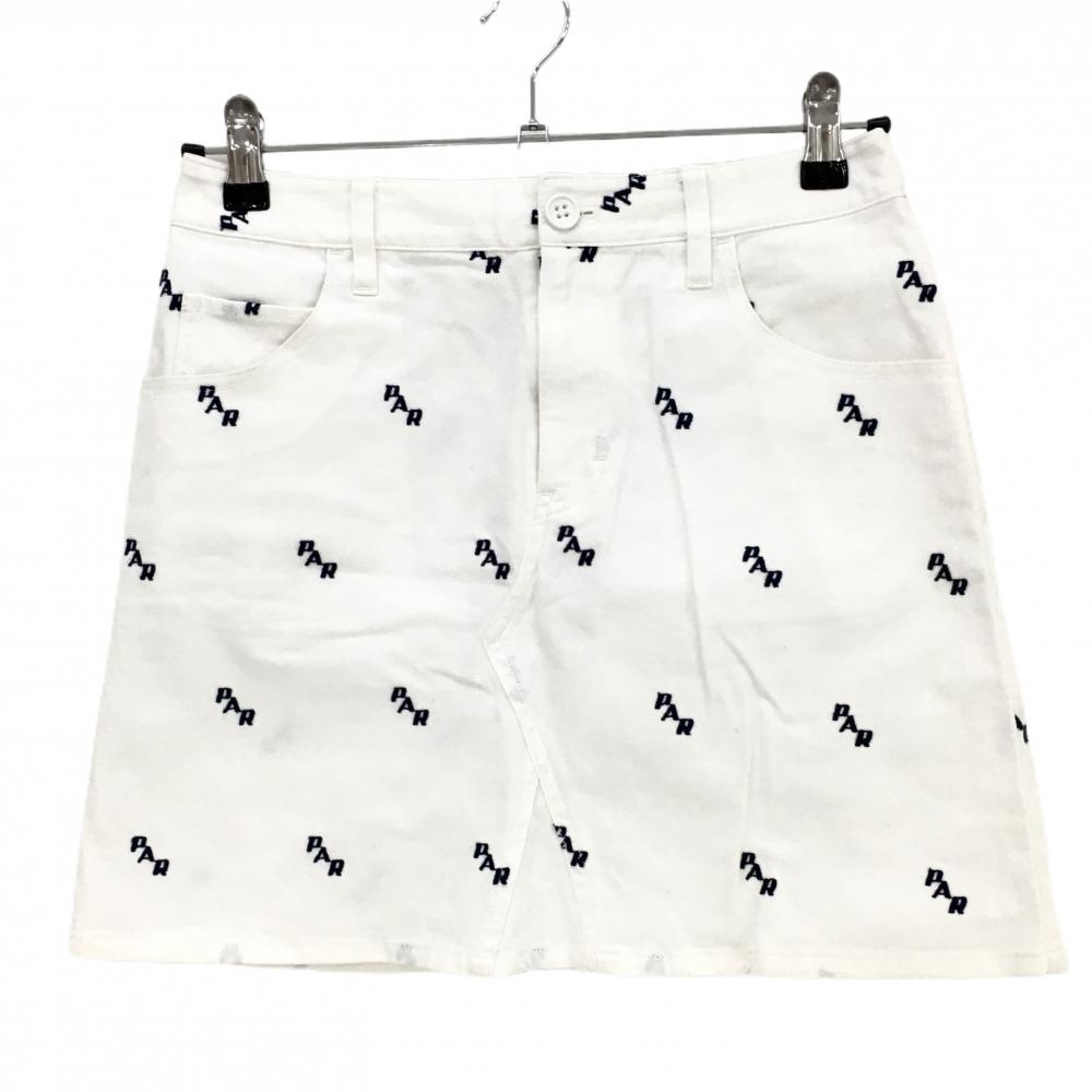 【美品】ビームスゴルフ スカート 白×ネイビー 刺しゅう総柄 ストレッチ レディース M ゴルフウェア BEAMS GOLF
